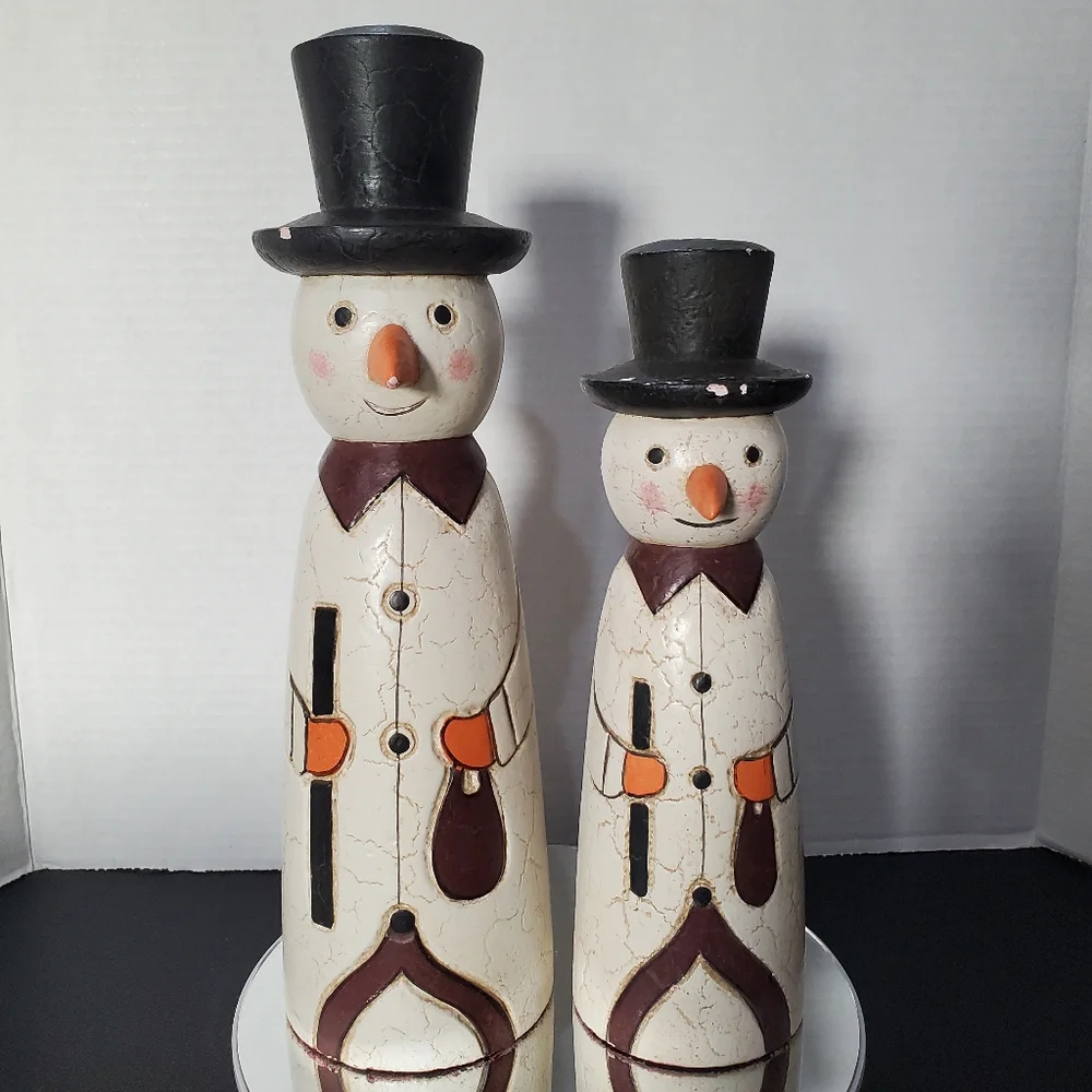 Erzgebirge Style Wood Snowman Pair ⛄️⛄️ Germany Vintage Distressed L👀K